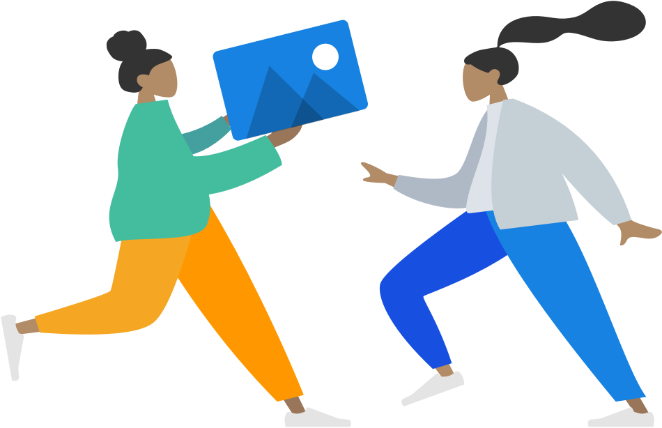 ladies running towards each other holding an image